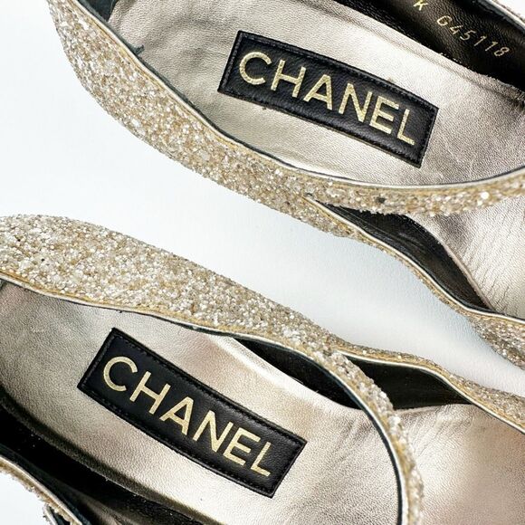 CHANEL 2023 Light Gold Glitter Black Mary Jane Heels 36 Cap Toe CC Logo Platform - Picture 10 of 16